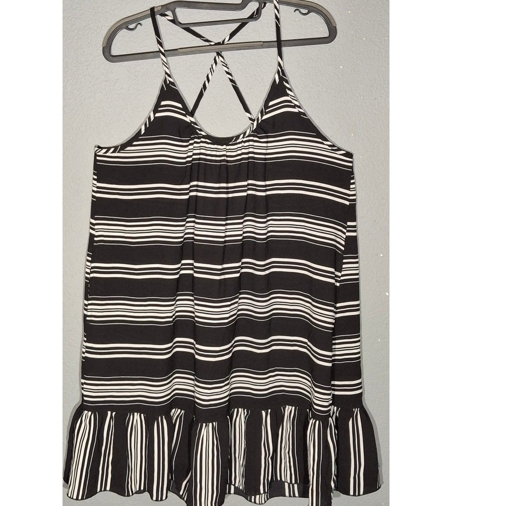 Portacrus Womens XL Black White Striped Ruffle Hem Strappy Open Back Tank Top